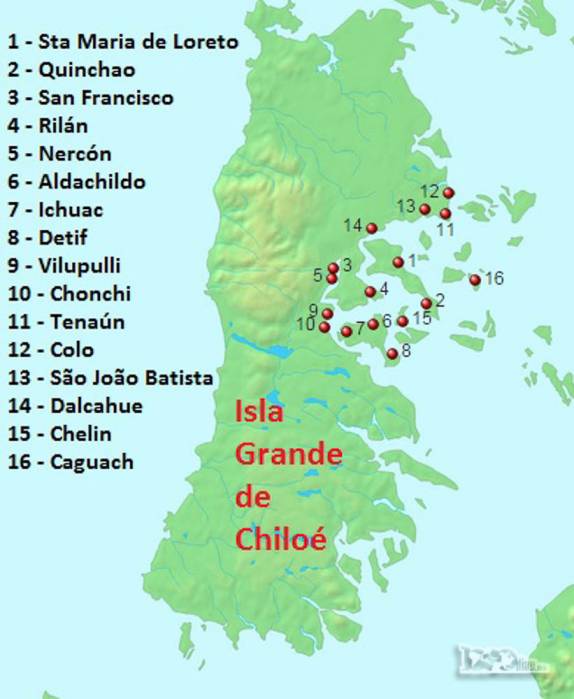 Das mais de 200 igrejas do arquipélago de Chiloé, 16 são Patrimônio Histórico Mundial da UNESCO. Nove estão na costa oriental da Isla Grande, duas em Isla Quinchao e as outras 5 em ilhas menores